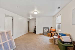 Misc room with a textured ceiling, carpet floors, visible vents, and baseboards