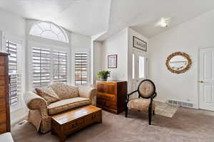 Living area featuring vaulted ceiling, a wealth of natural light, and visible vents