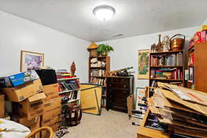 Office with visible vents, light carpet, and a textured ceiling