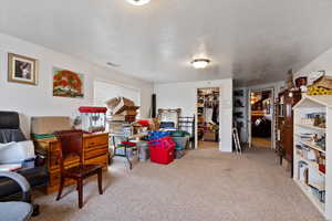 Recreation room featuring light carpet, a textured ceiling, and visible vents