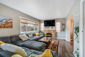 Living area with dark wood-style floors, a fireplace, baseboards, and arched walkways