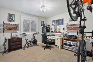 Bedroom currently being used as office space with light colored carpet and a textured ceiling