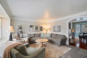 Living room featuring crown molding, dark hardwood / wood-style floors, and a textured ceiling