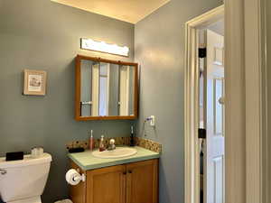 smartly designed bathroom featuring toilet, decorative backsplash, and vanity