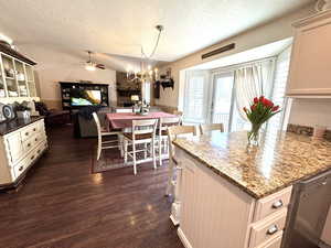 Kitchen open floor plan featuring dark wood-style flooring, vaulted ceiling, stainless steel dishwasher, light stone countertops, and decorative light fixtures