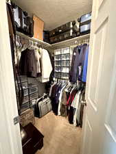 Walk in closet in primary bedroom featuring carpet flooring