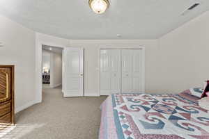 Bedroom featuring a textured ceiling, light carpet, visible vents, baseboards, and a closet