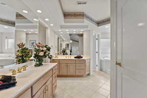 Full bath with two vanities, tile patterned flooring, a sink, and visible vents