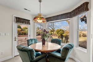 Dining room with carpet flooring, visible vents, and baseboards