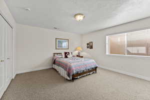 Bedroom with carpet, a closet, visible vents, and baseboards