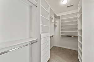 Walk in closet with light carpet and visible vents