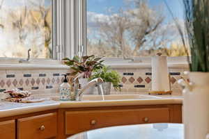 Interior details featuring a sink and backsplash