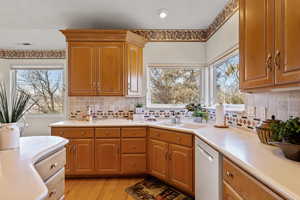 Kitchen featuring light wood finished floors, light countertops, decorative backsplash, stainless steel dishwasher, and a sink