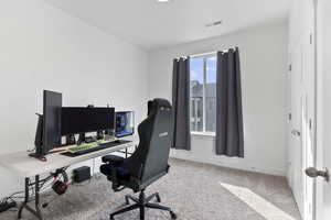 Carpeted office space with baseboards and visible vents