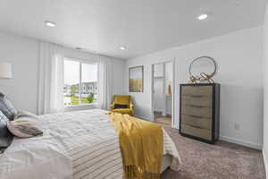 Carpeted bedroom with baseboards, visible vents, and recessed lighting