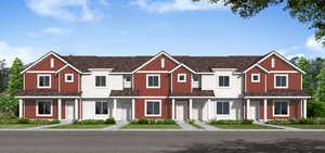 Townhome / multi-family property featuring a shingled roof and board and batten siding