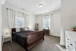 Bedroom featuring carpet floors, multiple windows, visible vents, and baseboards