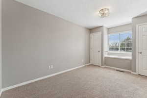 Empty room featuring a textured ceiling, carpet, visible vents, and baseboards