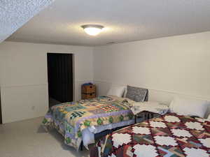 Bedroom featuring carpet and a textured ceiling