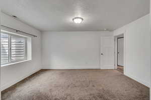 Carpeted spare room featuring a textured ceiling, visible vents, and baseboards