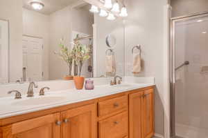 Full bathroom with a sink, a shower stall, and double vanity