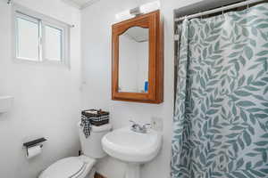 Bathroom featuring toilet, a sink, and a shower with shower curtain