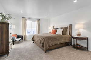 Bedroom featuring light carpet, baseboards, and recessed lighting