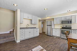 Kitchen featuring a sink, white cabinetry, stainless steel appliances, and dark wood-type flooring