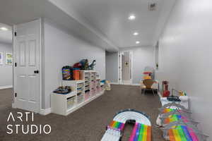 Recreation room featuring carpet, visible vents, baseboards, and recessed lighting