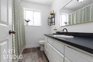 Bathroom featuring toilet, baseboards, wood finished floors, and vanity