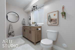 Half bath with vanity, tile patterned flooring, toilet, and baseboards