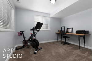 Carpeted office featuring baseboards and visible vents