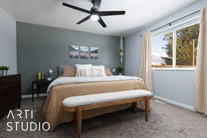 Bedroom featuring carpet flooring, ceiling fan, and baseboards