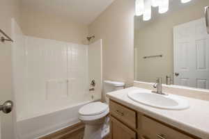 Another view of the same second bath on upper level. Full bathroom with shower / bathtub combination, vanity with good storage space, new toilet and faucet.