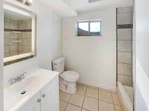Full bathroom featuring toilet, a tile shower, visible vents, tile patterned flooring, and vanity
