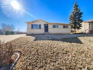 Ranch-style house with entry steps, brick siding, and a front lawn