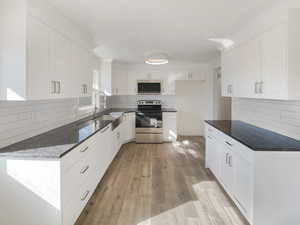 Kitchen with dark stone counters, appliances with stainless steel finishes, a sink, and white cabinets