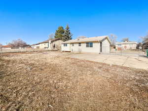 Rear view of property featuring fence and a patio