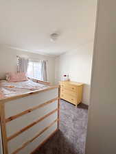 Bedroom with light colored carpet