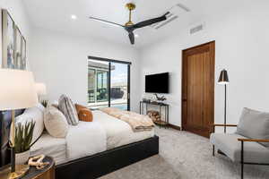 Bedroom with access to exterior, recessed lighting, visible vents, a ceiling fan, and light carpet