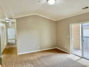 Unfurnished room featuring a textured ceiling, carpet floors, visible vents, and a healthy amount of sunlight