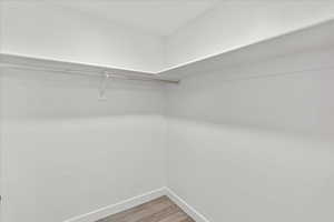 Walk in closet with wood finished floors