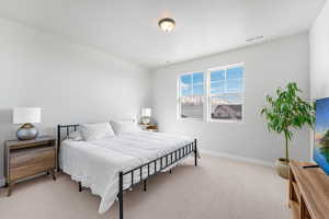 Bedroom with carpet floors, visible vents, and baseboards