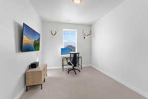 Office area featuring light carpet, visible vents, and baseboards