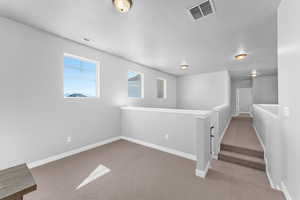 Interior space featuring light carpet, visible vents, and baseboards