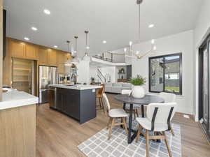 Kitchen with stainless steel appliances, open floor plan, light countertops, an island with sink, and pendant lighting