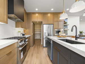 Kitchen featuring stainless steel appliances, a sink, light countertops, wall chimney exhaust hood, and pendant lighting