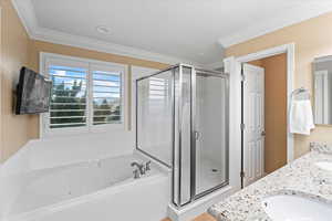 Bathroom featuring a sink, ornamental molding, a shower stall, a bath, and double vanity