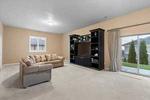 Carpeted living area featuring visible vents, a textured ceiling, and baseboards