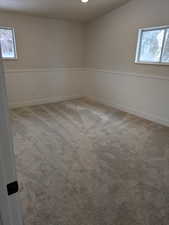 Spare room with wainscoting, light colored carpet, and plenty of natural light